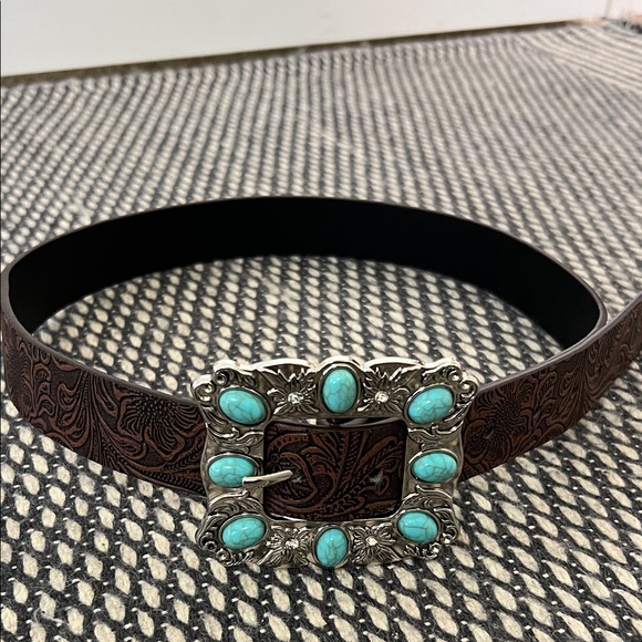 Brown Embossed Belt with Turquoise Accents - Picture 2 of 3